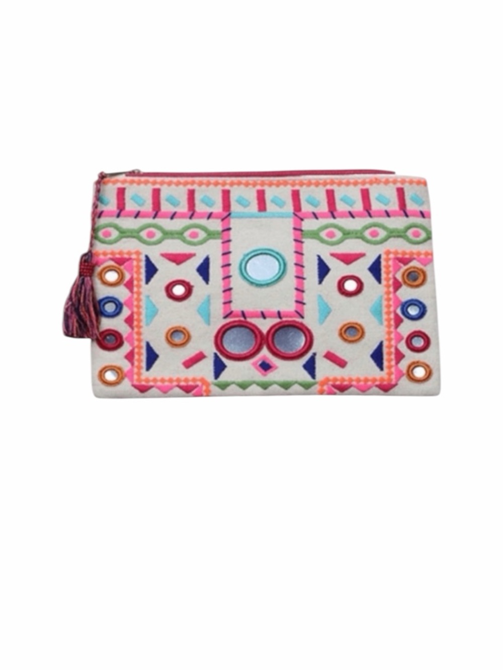LoveStitch Colorful Embroidered Clutch Bag With Mirrored Accents; Pink Multi NWT